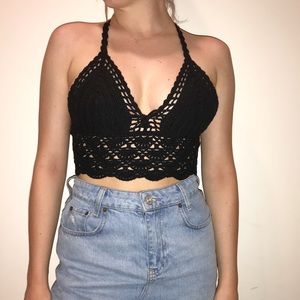 Black crochet tie tank
